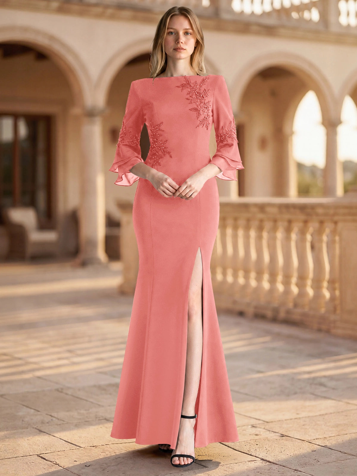 Chiffon Mother of the Bride Dress with 3/4 Sleeves