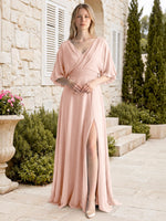 V-neck Slit Ruched Mother Dress 