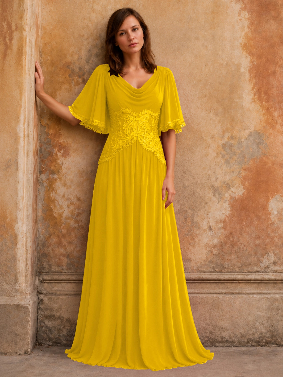 Cowl Neck Mother of the Bride Dress with Applique 