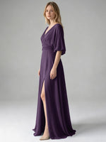 V-neck Slit Ruched Mother Dress 