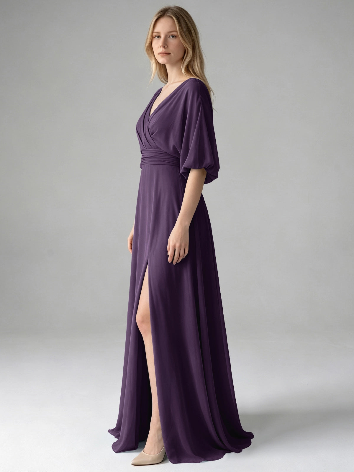 V-neck Slit Ruched Mother Dress 