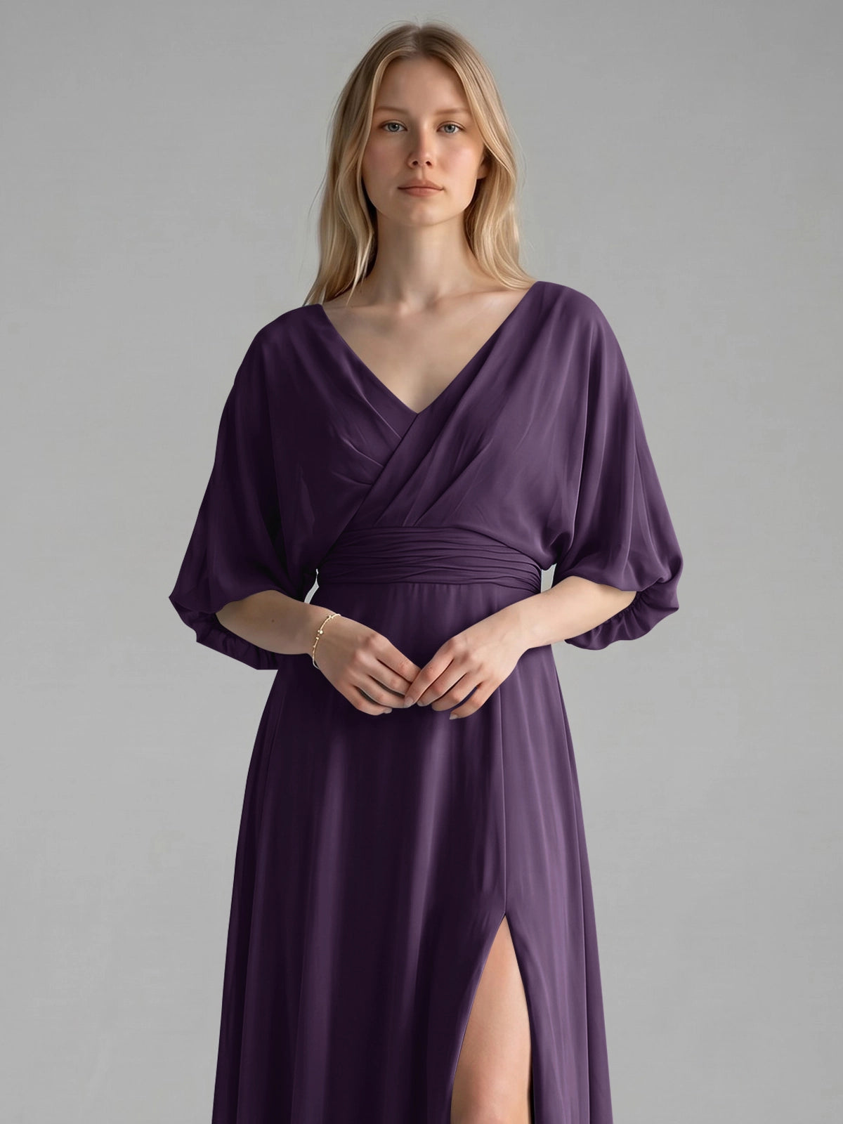 V-neck Slit Ruched Mother Dress 