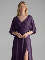 V-neck Slit Ruched Mother Dress 