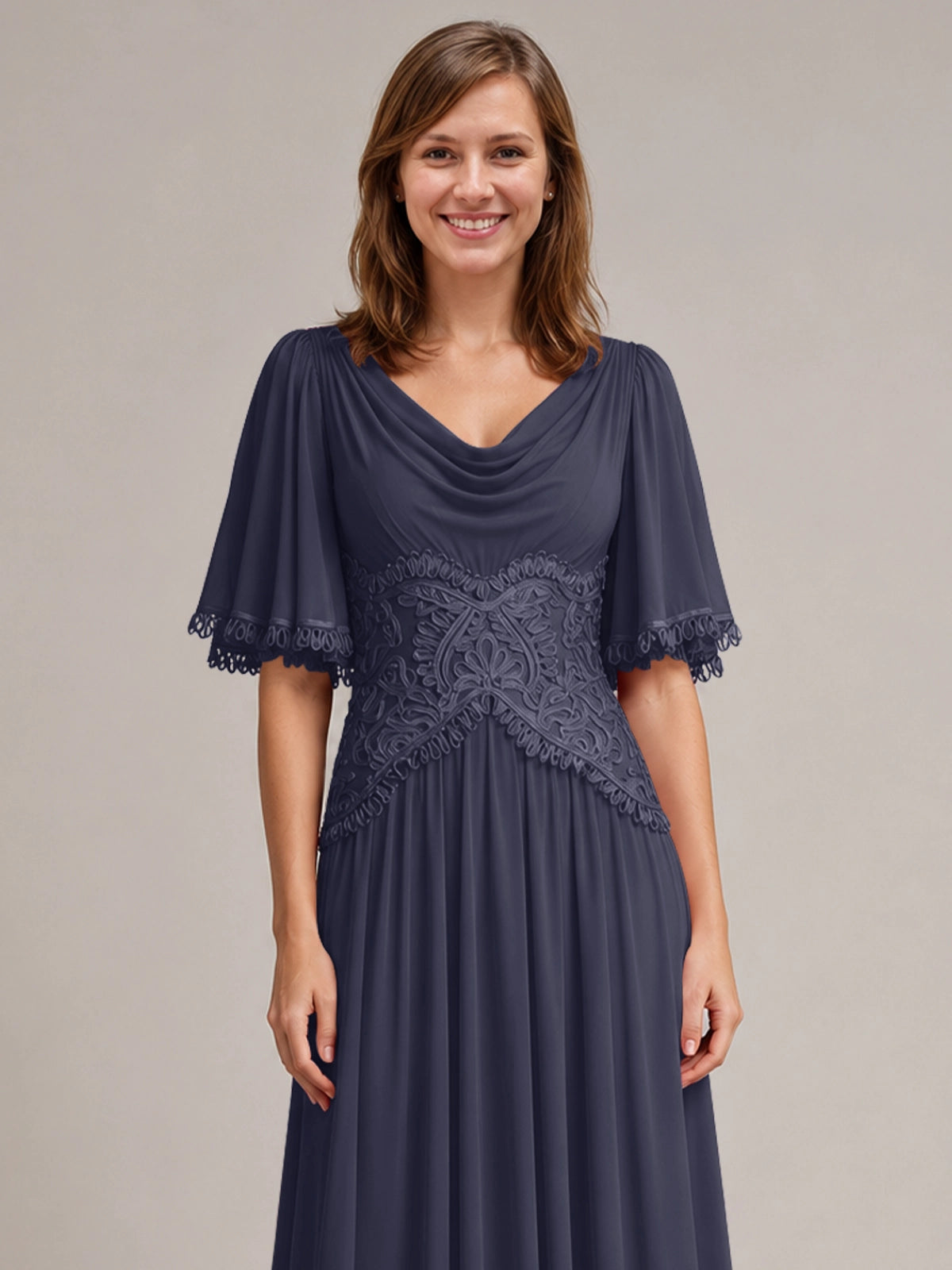 Cowl Neck Mother of the Bride Dress with Applique 