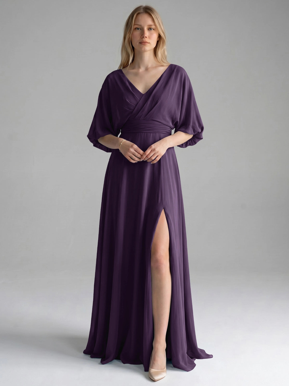 V-neck Slit Ruched Mother Dress 