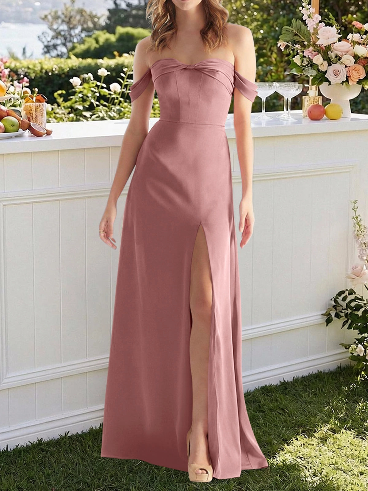 Off-the-Shoulder Slit Bridesmaid Dress 