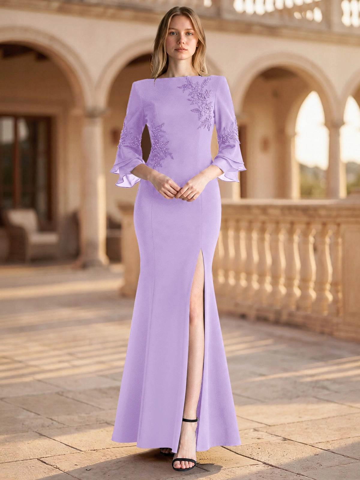 Chiffon Mother of the Bride Dress with 3/4 Sleeves