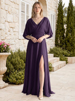 V-neck Slit Ruched Mother Dress 