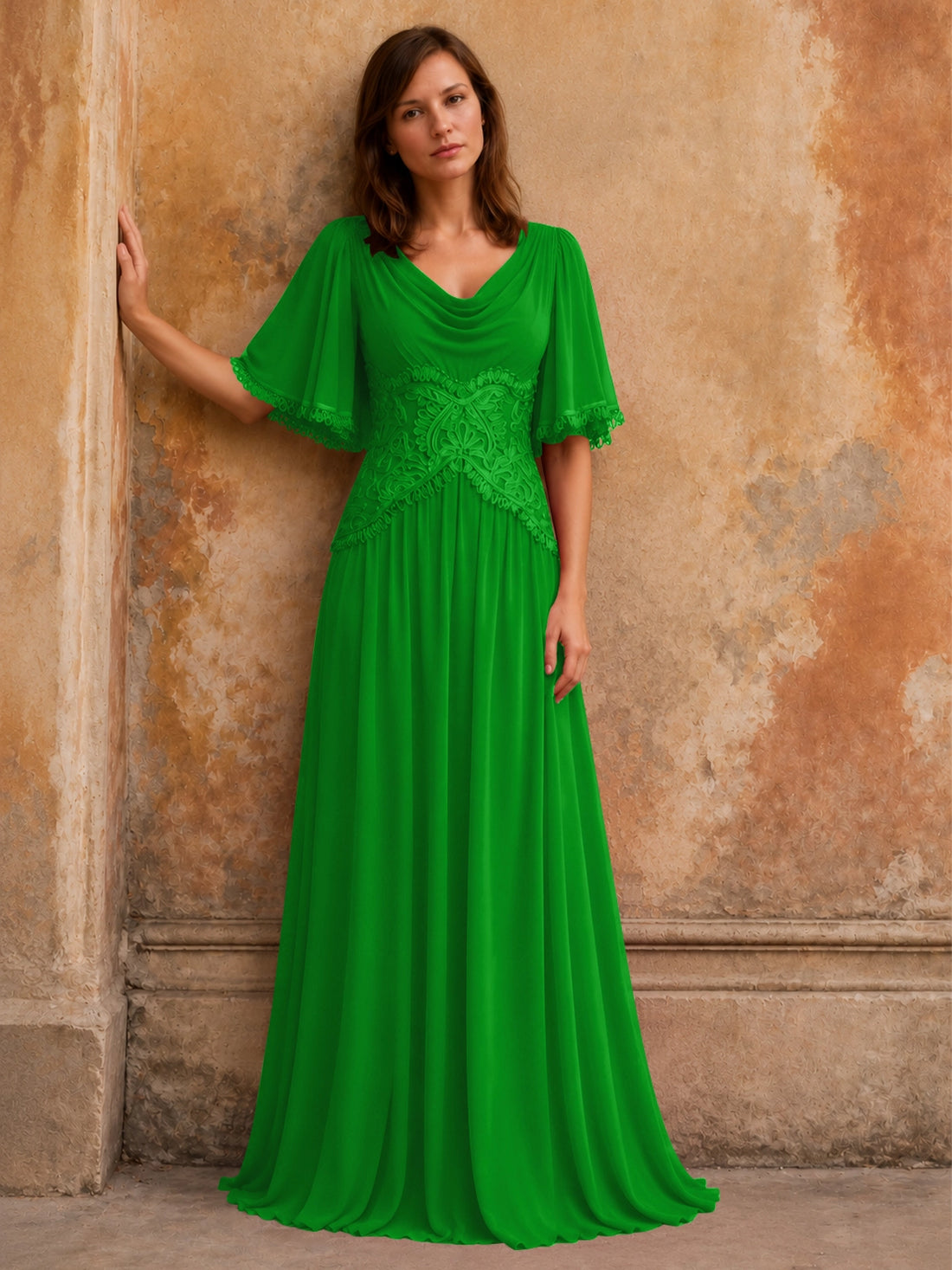 Cowl Neck Mother of the Bride Dress with Applique 