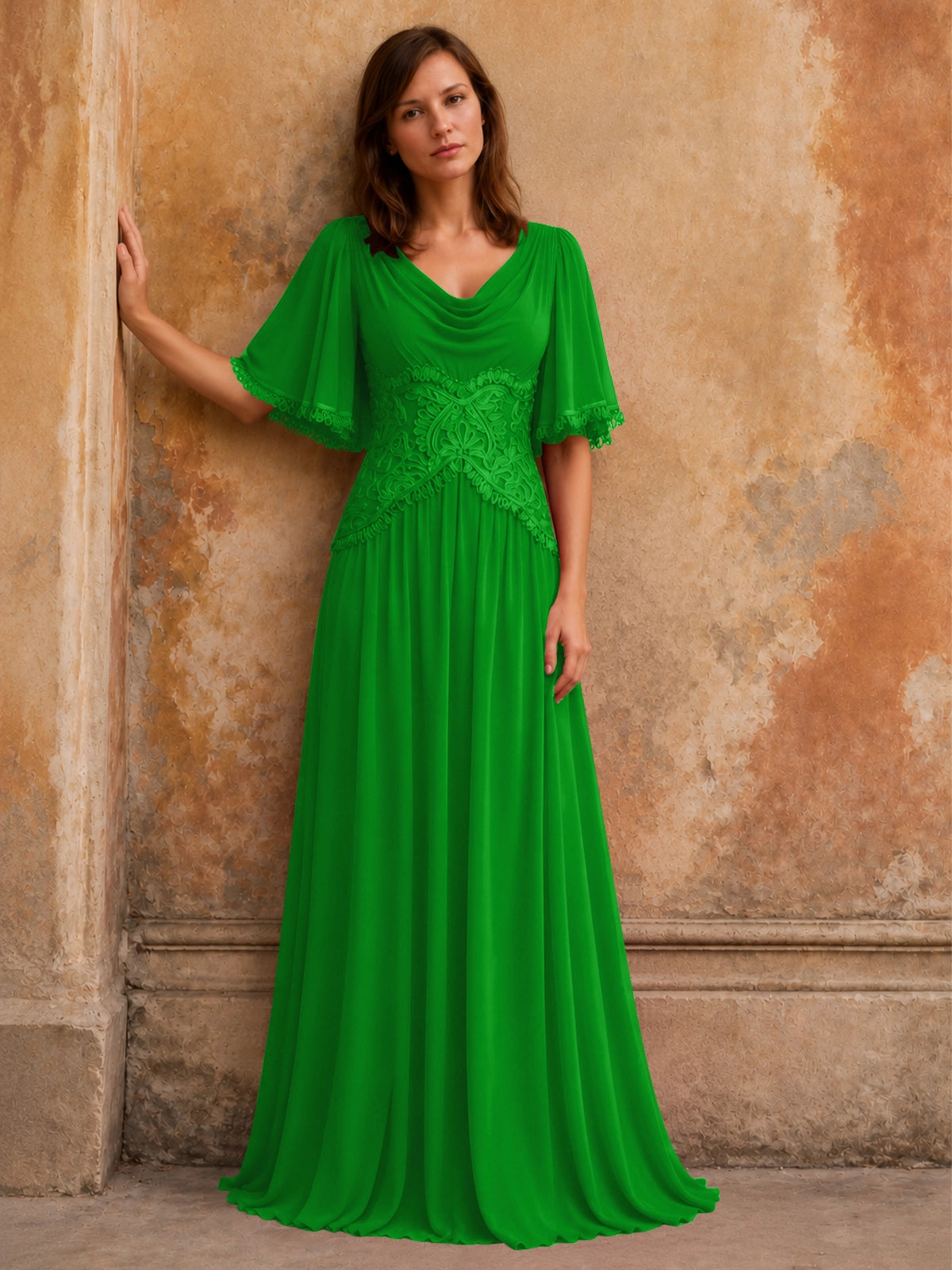 Cowl Neck Mother of the Bride Dress with Applique 