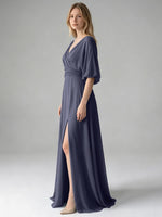 V-neck Slit Ruched Mother Dress 