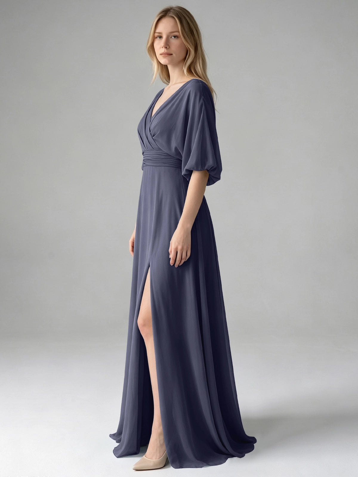 V-neck Slit Ruched Mother Dress 