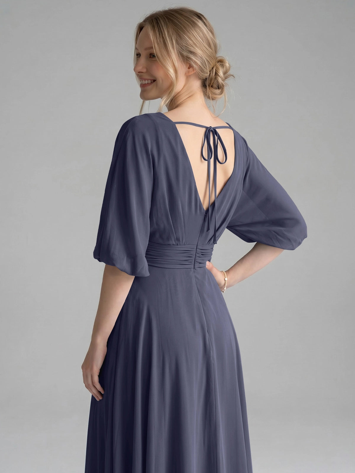 V-neck Slit Ruched Mother Dress 