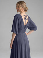 V-neck Slit Ruched Mother Dress 