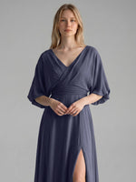 V-neck Slit Ruched Mother Dress 