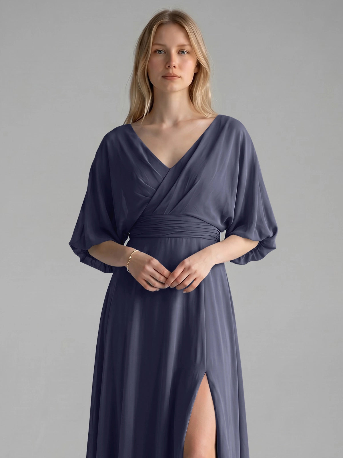 V-neck Slit Ruched Mother Dress 