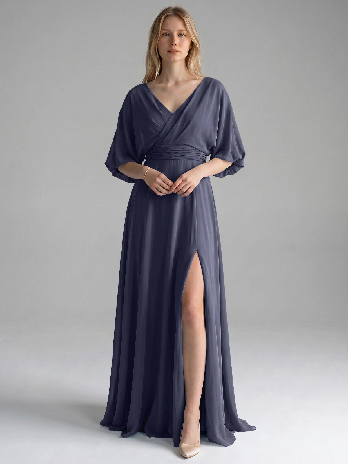 V-neck Slit Ruched Mother Dress 