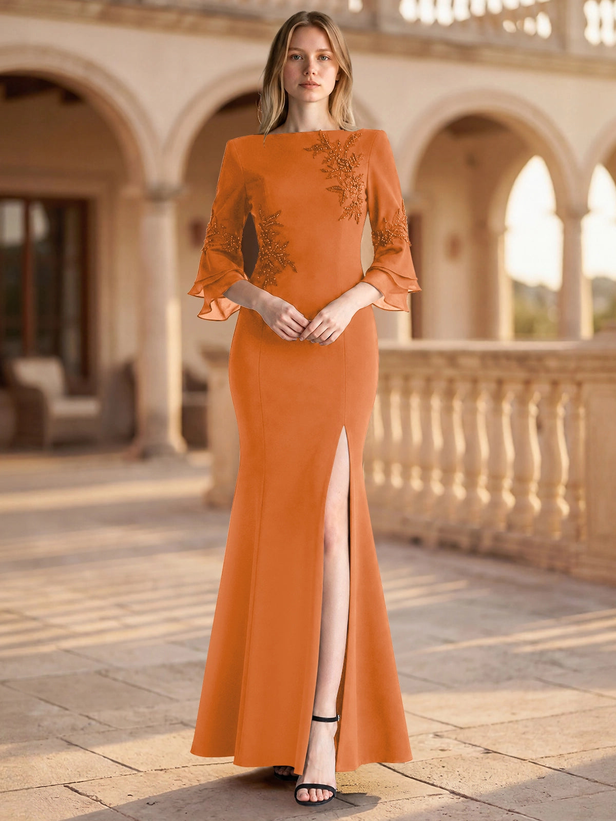 Chiffon Mother of the Bride Dress with 3/4 Sleeves