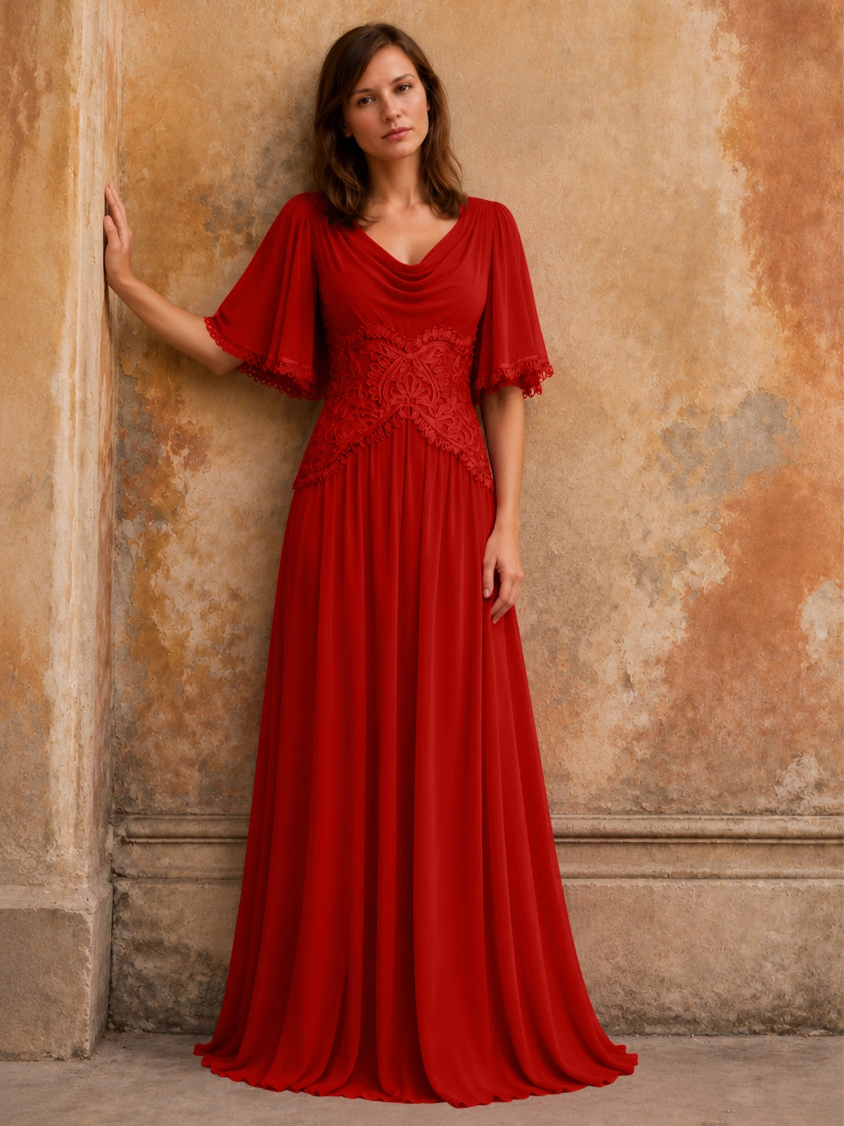 Cowl Neck Mother of the Bride Dress with Applique 