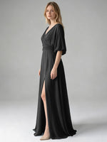 V-neck Slit Ruched Mother Dress 