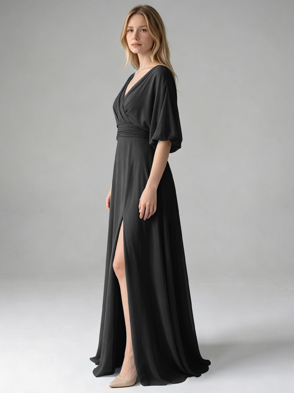 V-neck Slit Ruched Mother Dress 