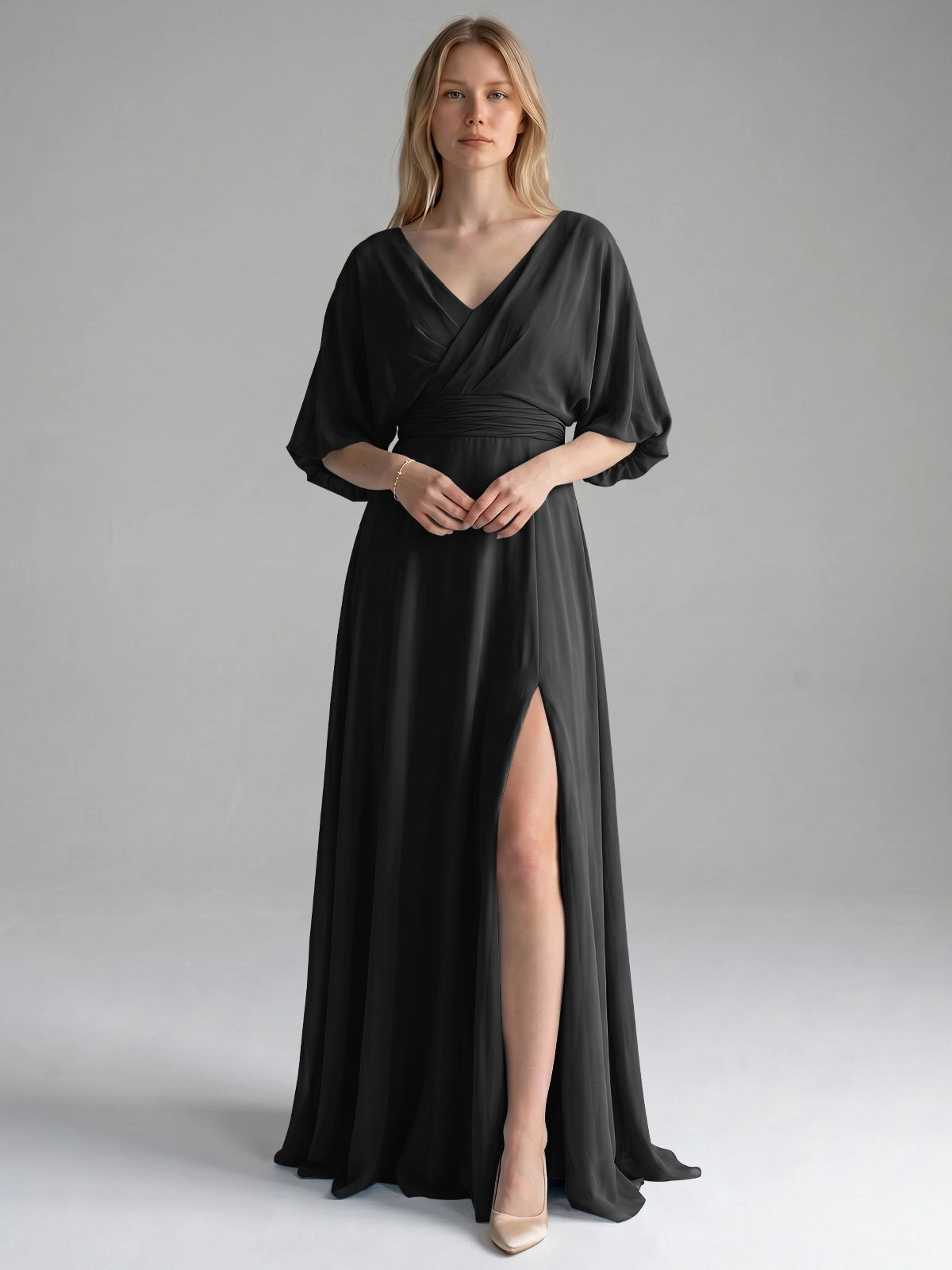 V-neck Slit Ruched Mother Dress 