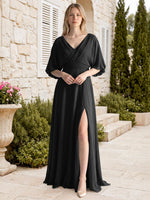 V-neck Slit Ruched Mother Dress 