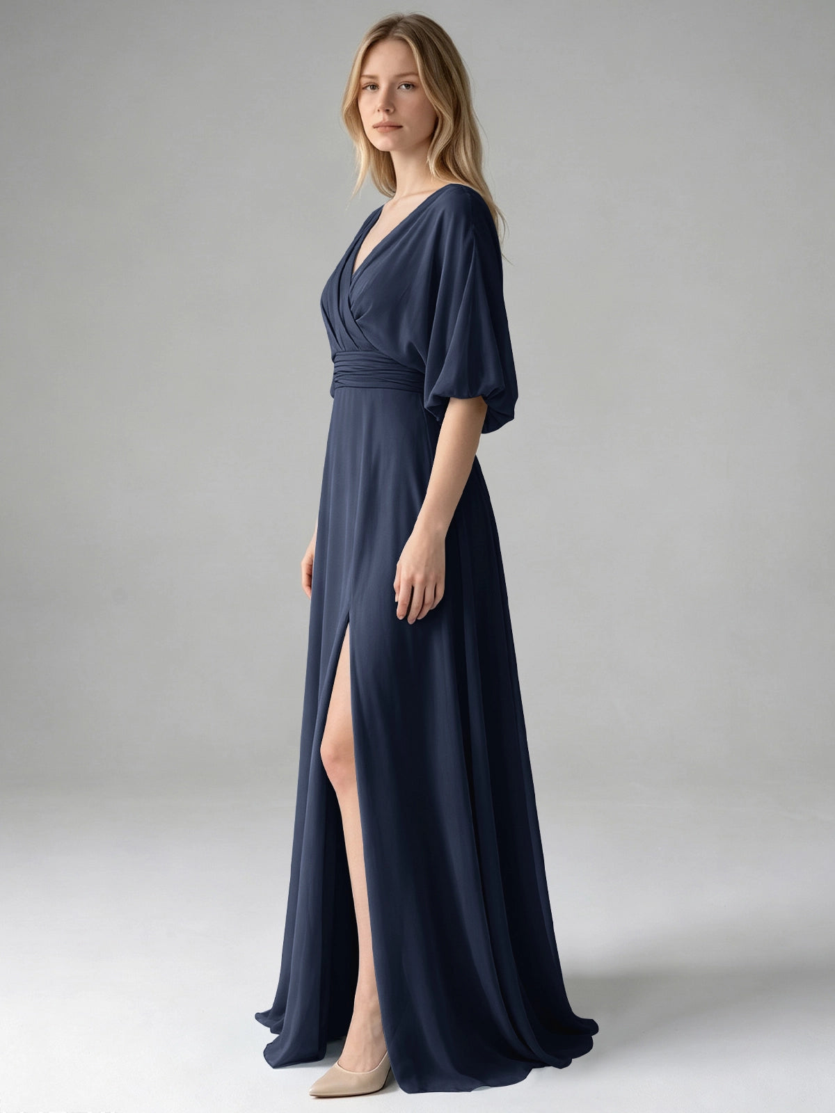 V-neck Slit Ruched Mother Dress 