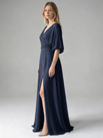 V-neck Slit Ruched Mother Dress 