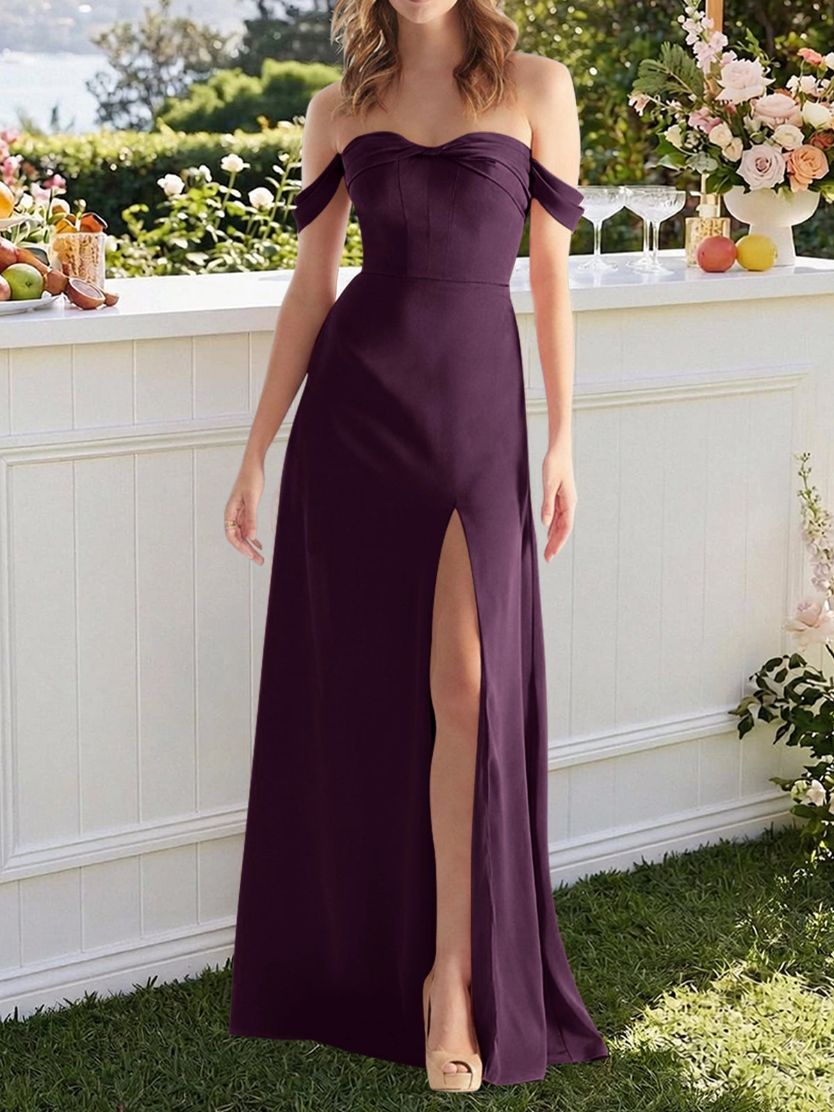 Off-the-Shoulder Slit Bridesmaid Dress 