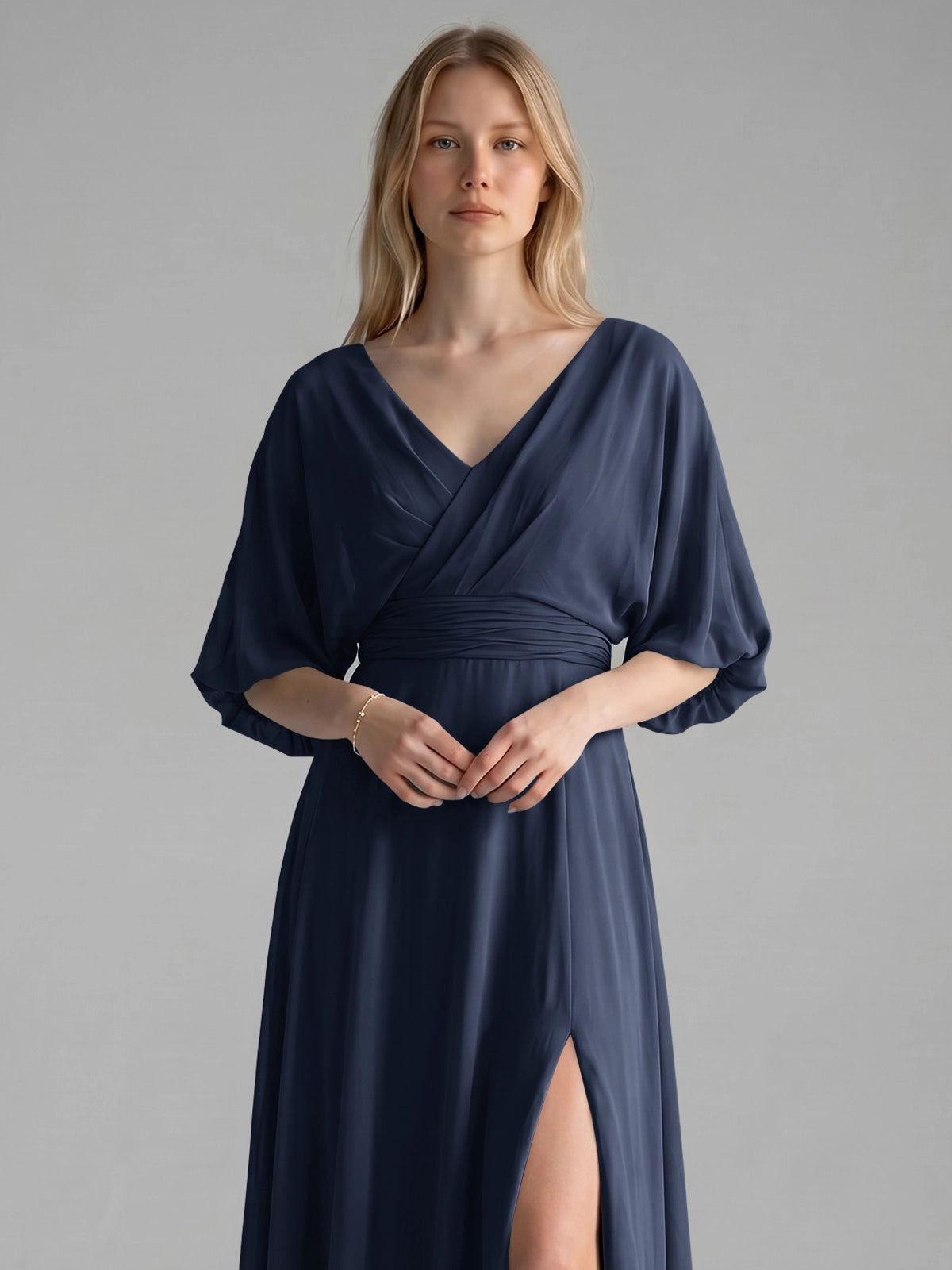 V-neck Slit Ruched Mother Dress 