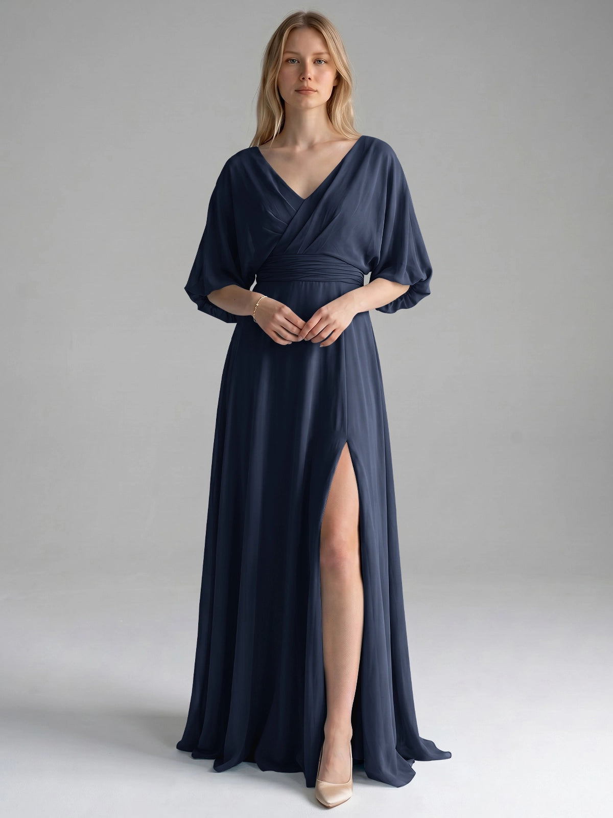 V-neck Slit Ruched Mother Dress 