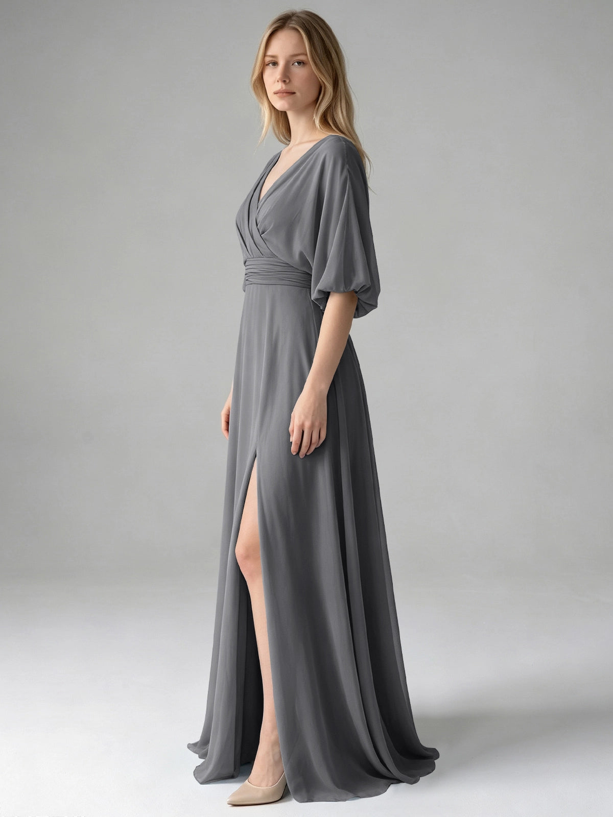 V-neck Slit Ruched Mother Dress 