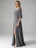V-neck Slit Ruched Mother Dress 