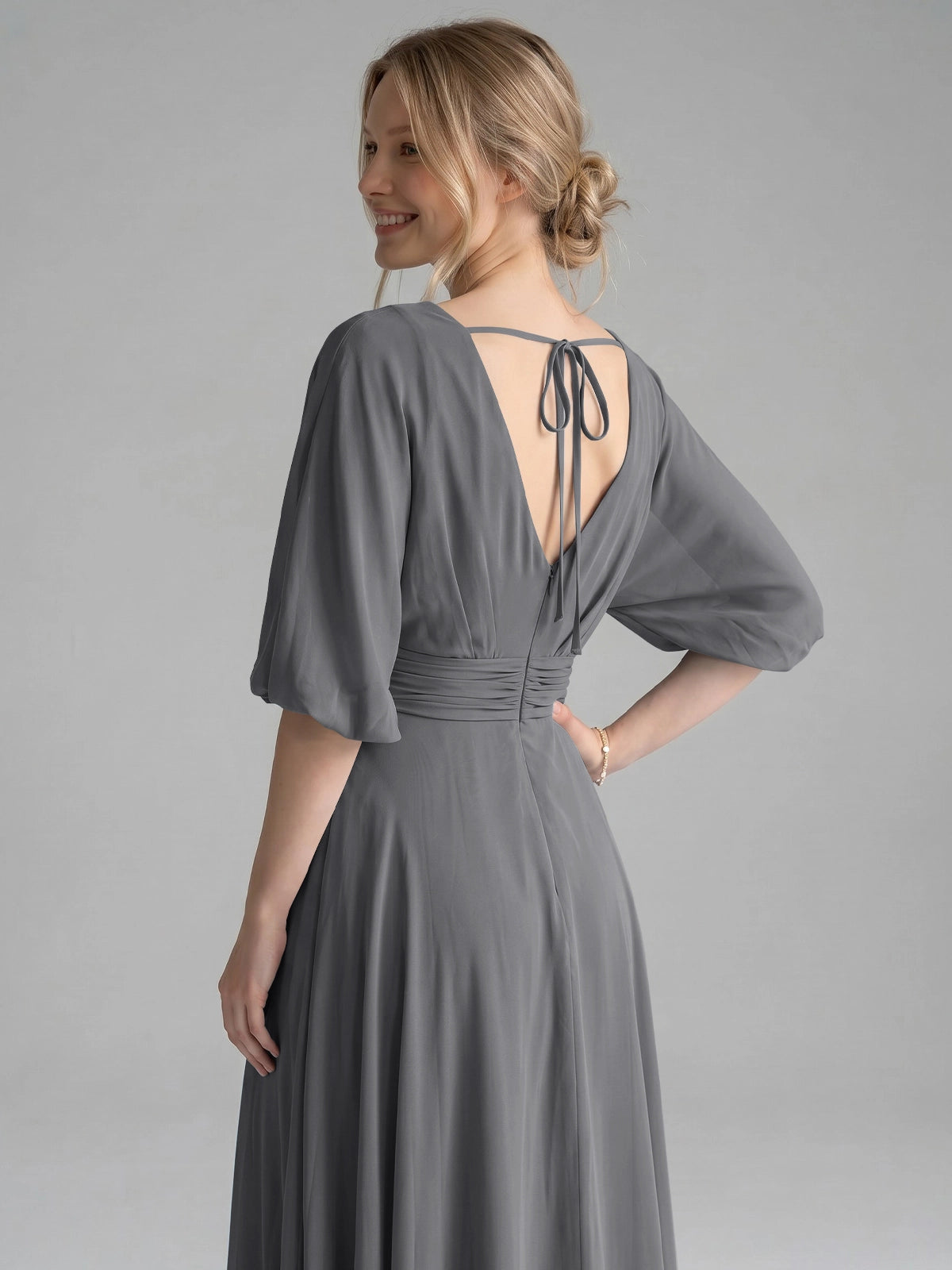 V-neck Slit Ruched Mother Dress 