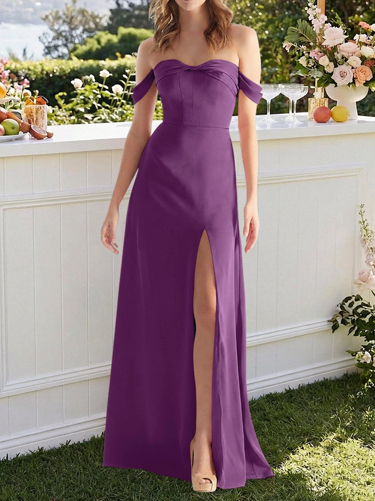 Off-the-Shoulder Slit Bridesmaid Dress 