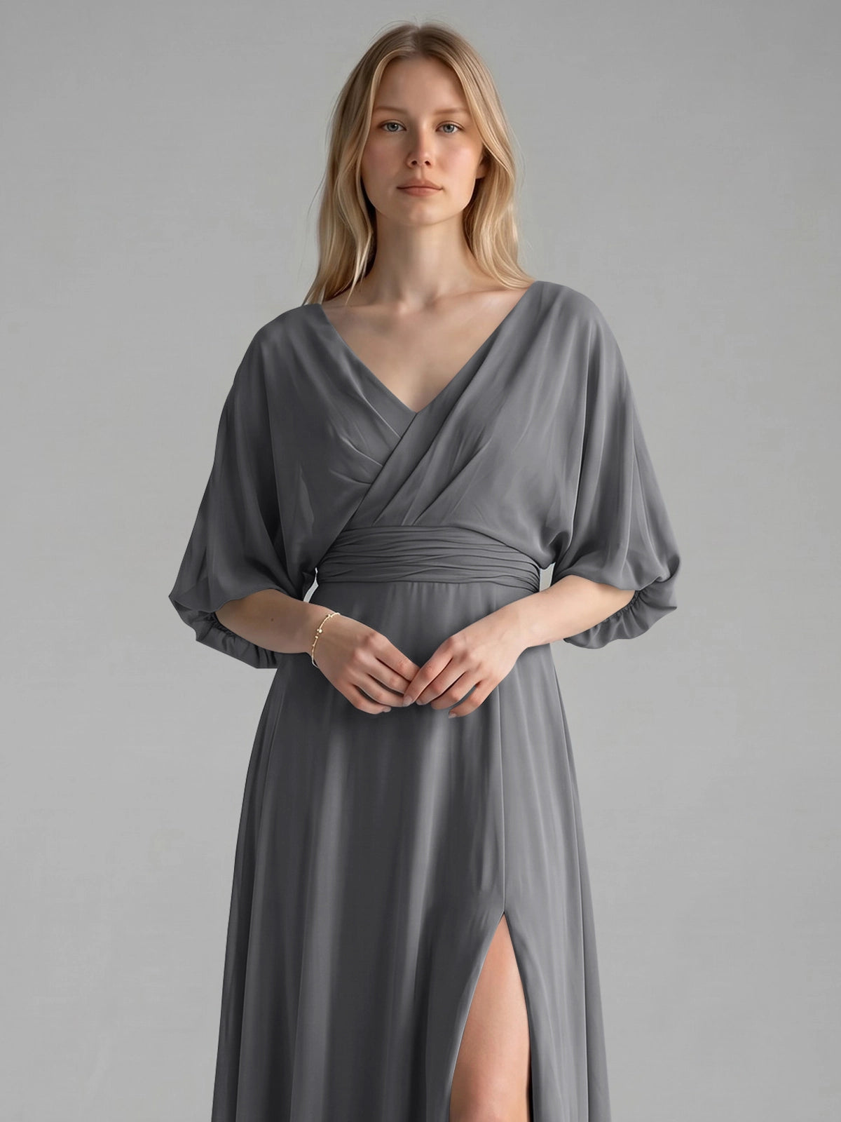 V-neck Slit Ruched Mother Dress 