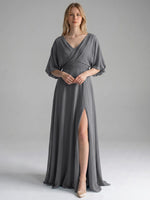 V-neck Slit Ruched Mother Dress 