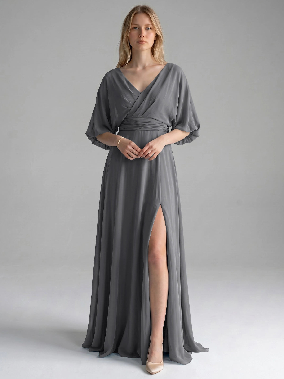 V-neck Slit Ruched Mother Dress 