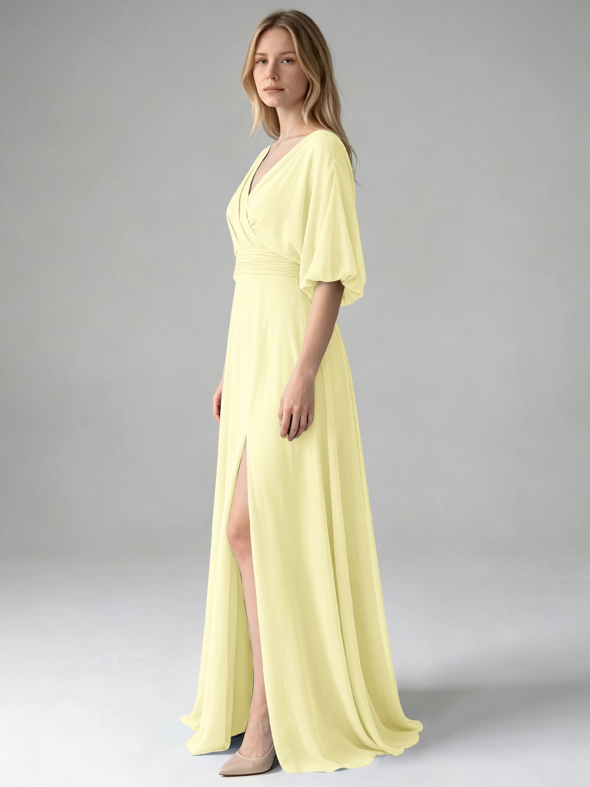 V-neck Slit Ruched Mother Dress 