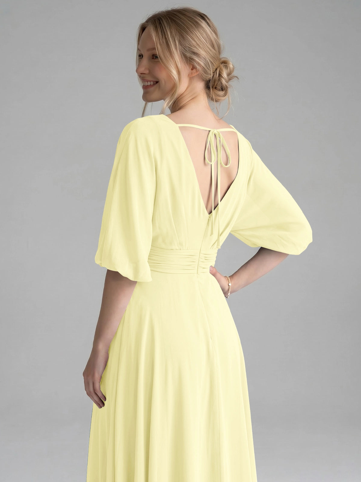 V-neck Slit Ruched Mother Dress 