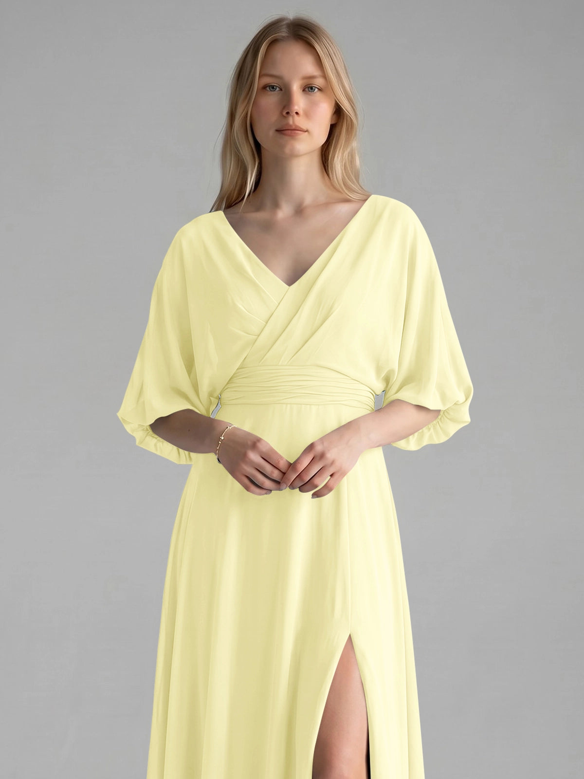V-neck Slit Ruched Mother Dress 
