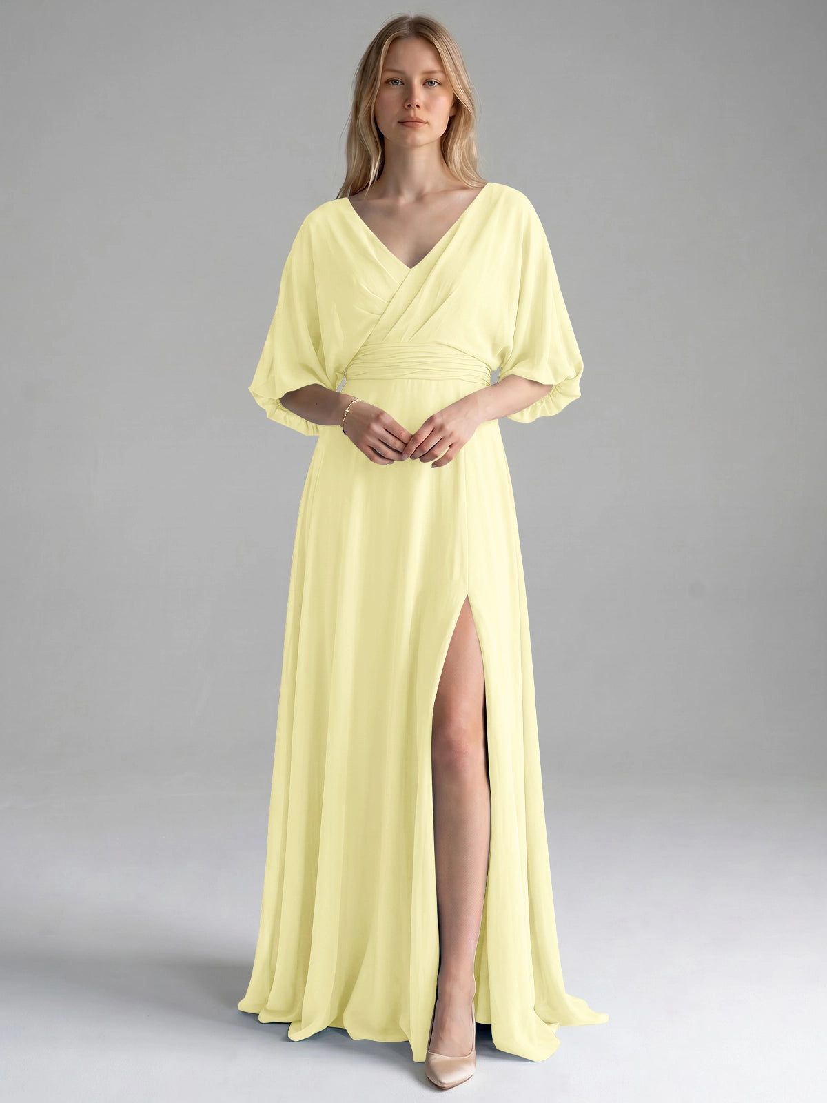 V-neck Slit Ruched Mother Dress 