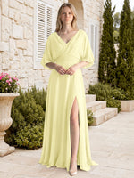 V-neck Slit Ruched Mother Dress 