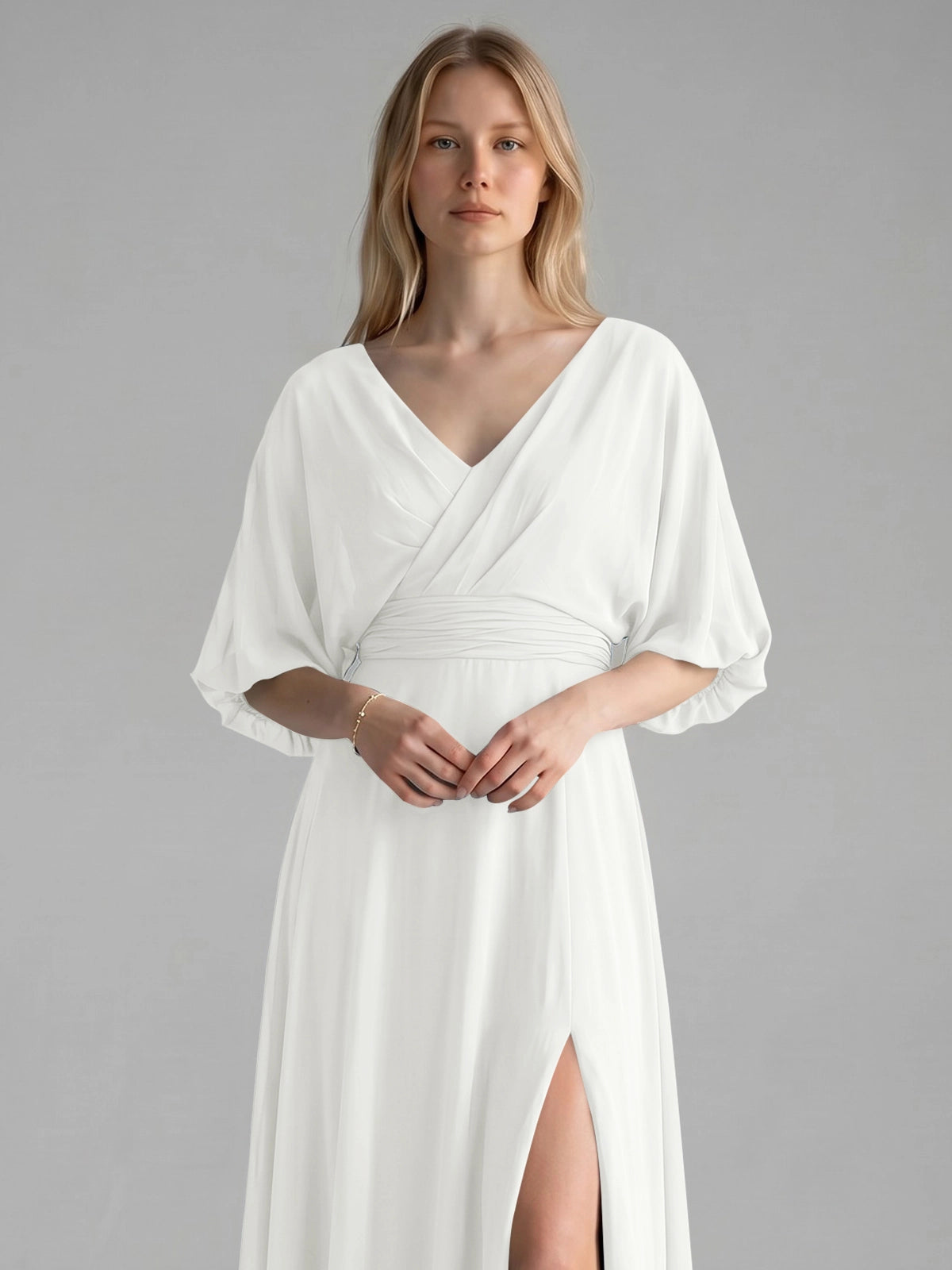 V-neck Slit Ruched Mother Dress 