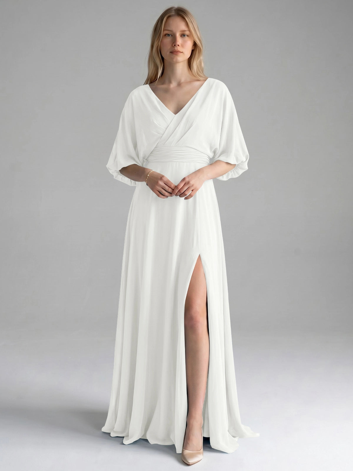 V-neck Slit Ruched Mother Dress 