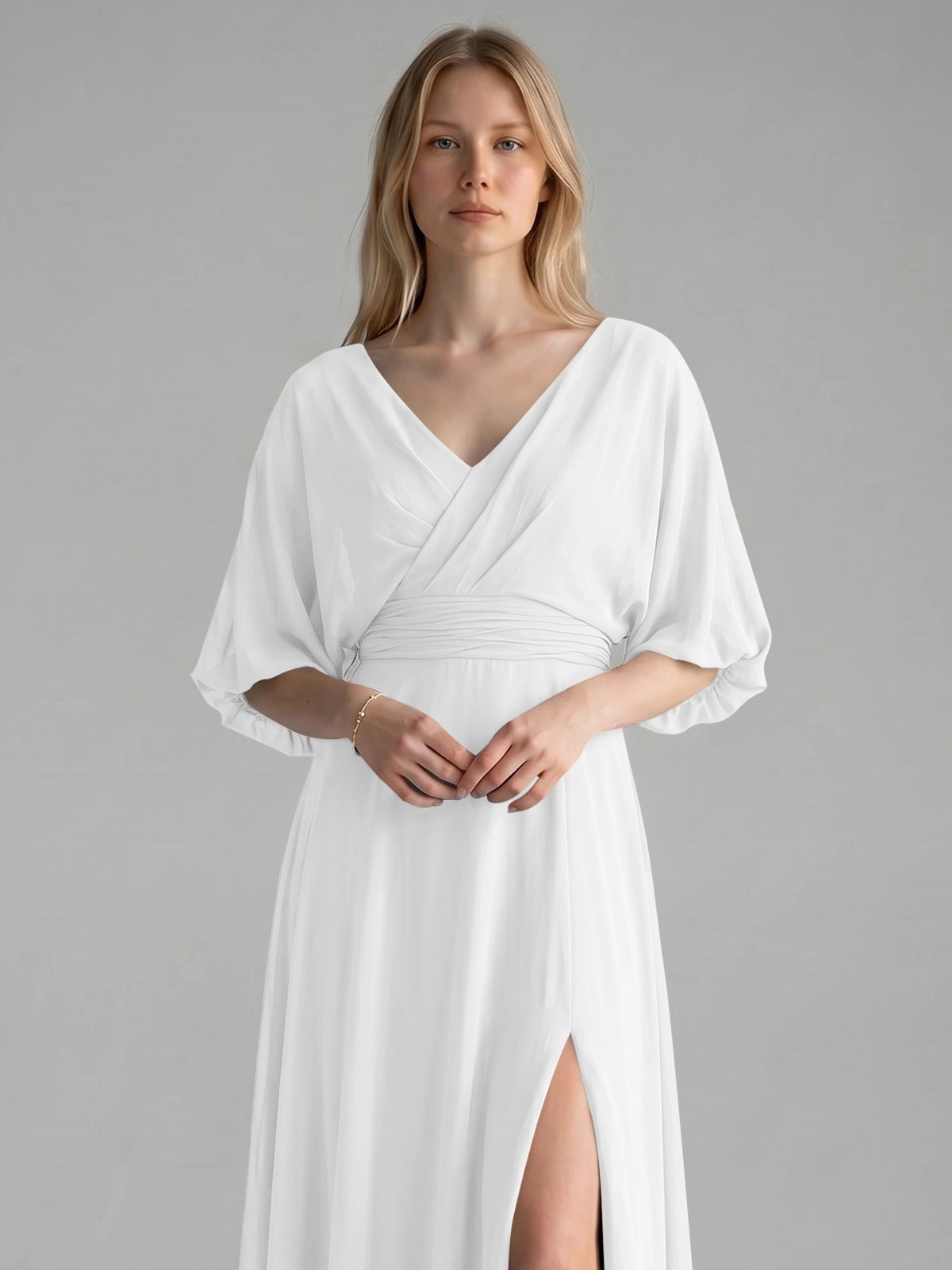 V-neck Slit Ruched Mother Dress 