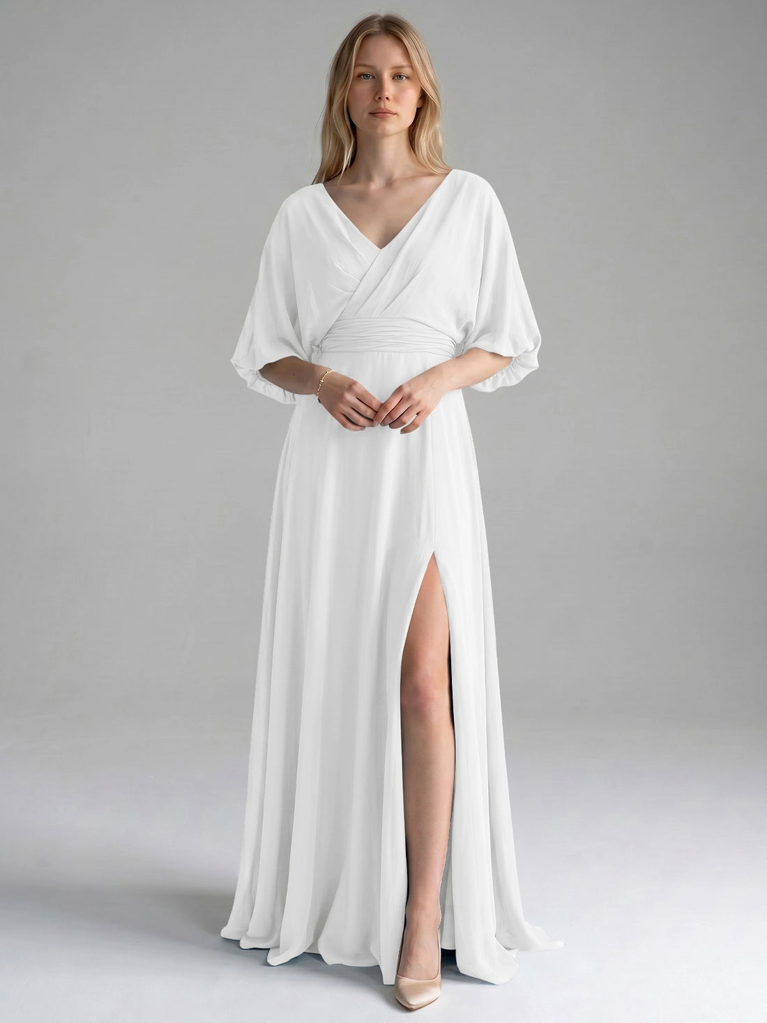 V-neck Slit Ruched Mother Dress 