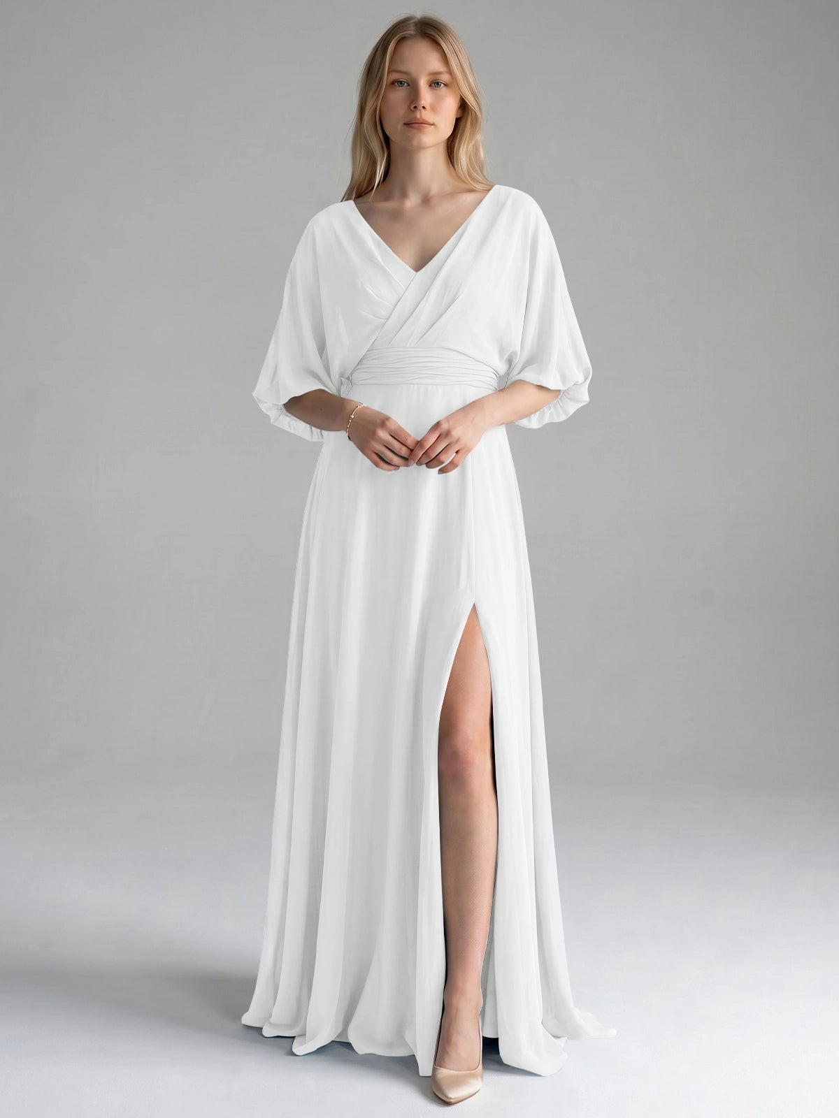 V-neck Slit Ruched Mother Dress 