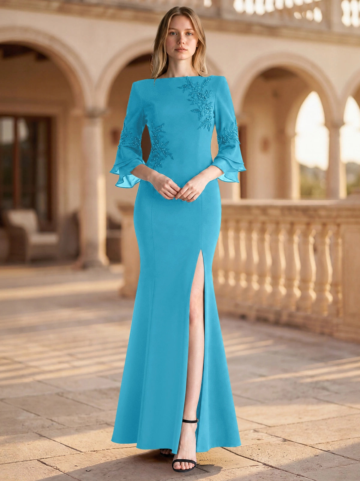 Chiffon Mother of the Bride Dress with 3/4 Sleeves